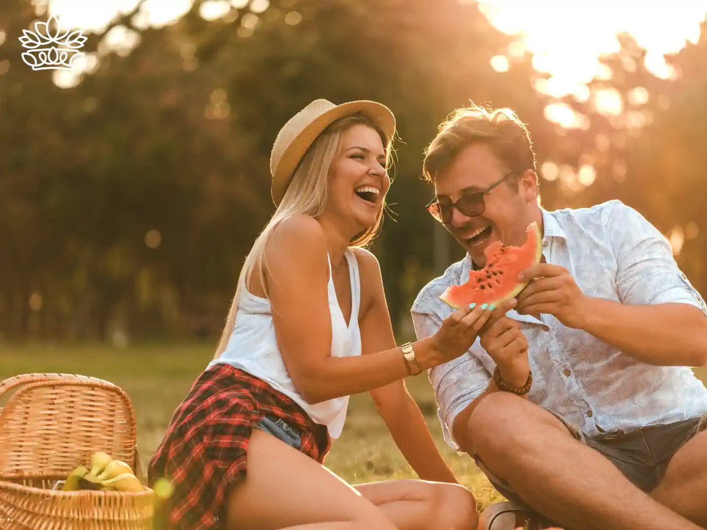 A cheerful couple enjoys a picnic in a sunlit park, sharing a slice of watermelon with smiles and laughter. A woven basket is placed beside them, filled with fresh fruit. Fabulous Flowers and Gifts at the end. Gift Boxes for Girlfriend.