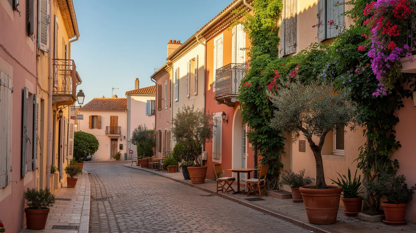 Een rustige straat in Saint-Tropez, omgeven door oude gevels die de mediterrane sfeer uitstralen, terwijl het zonlicht zachtjes op de stenen schijnt. Deze charmante omgeving roept herinneringen op aan de jaren vijftig en de tijd van Franse actrices zoals Brigitte Bardot.