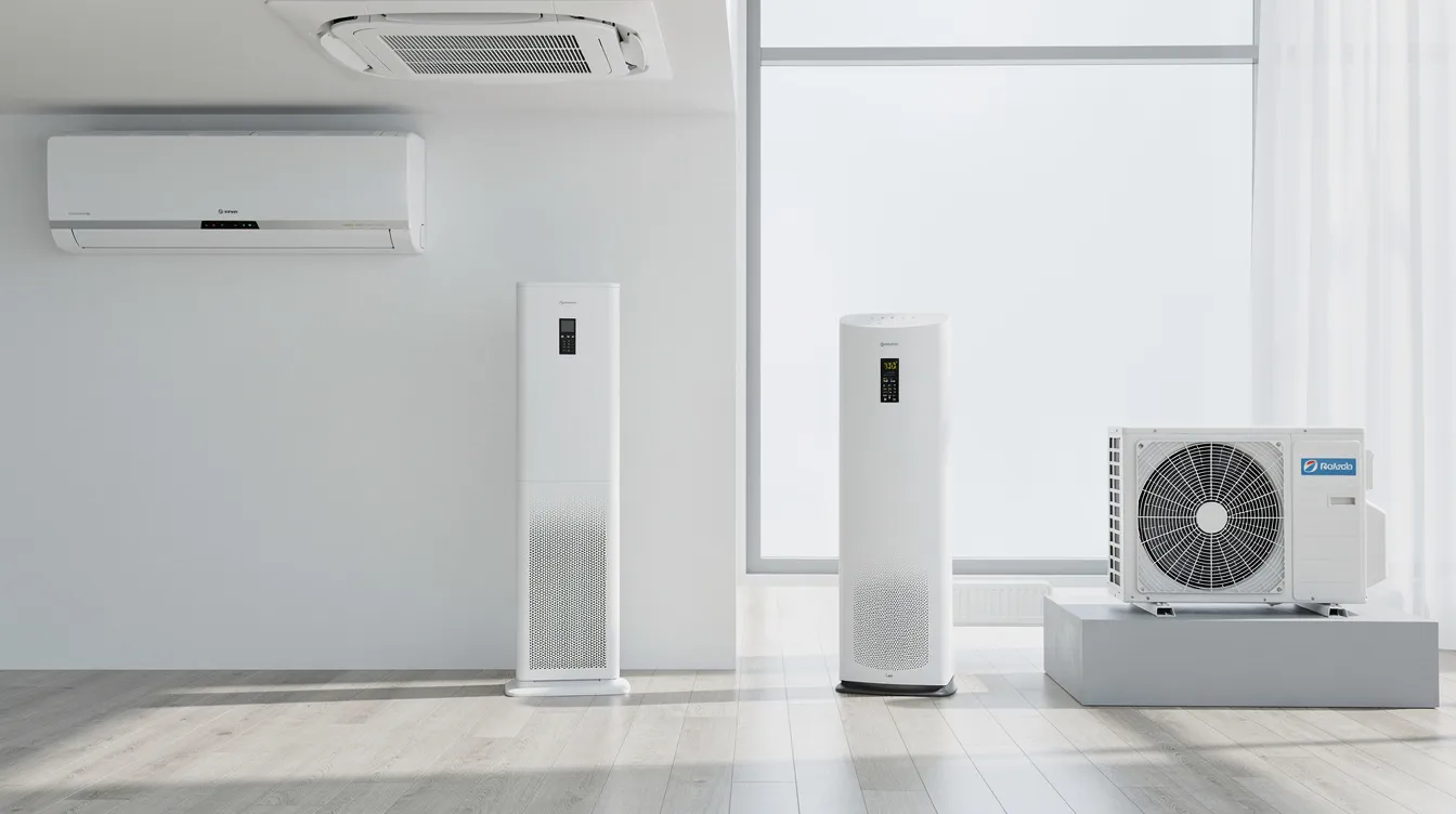 The image features four different air conditioning unit styles displayed side by side in a bright, modern setting: a wall-mounted split unit, a ceiling cassette unit, a floor-standing unit, and a compact outdoor condenser. Each air conditioning unit showcases its unique design, highlighting options for efficient cooling and comfortable indoor air.
