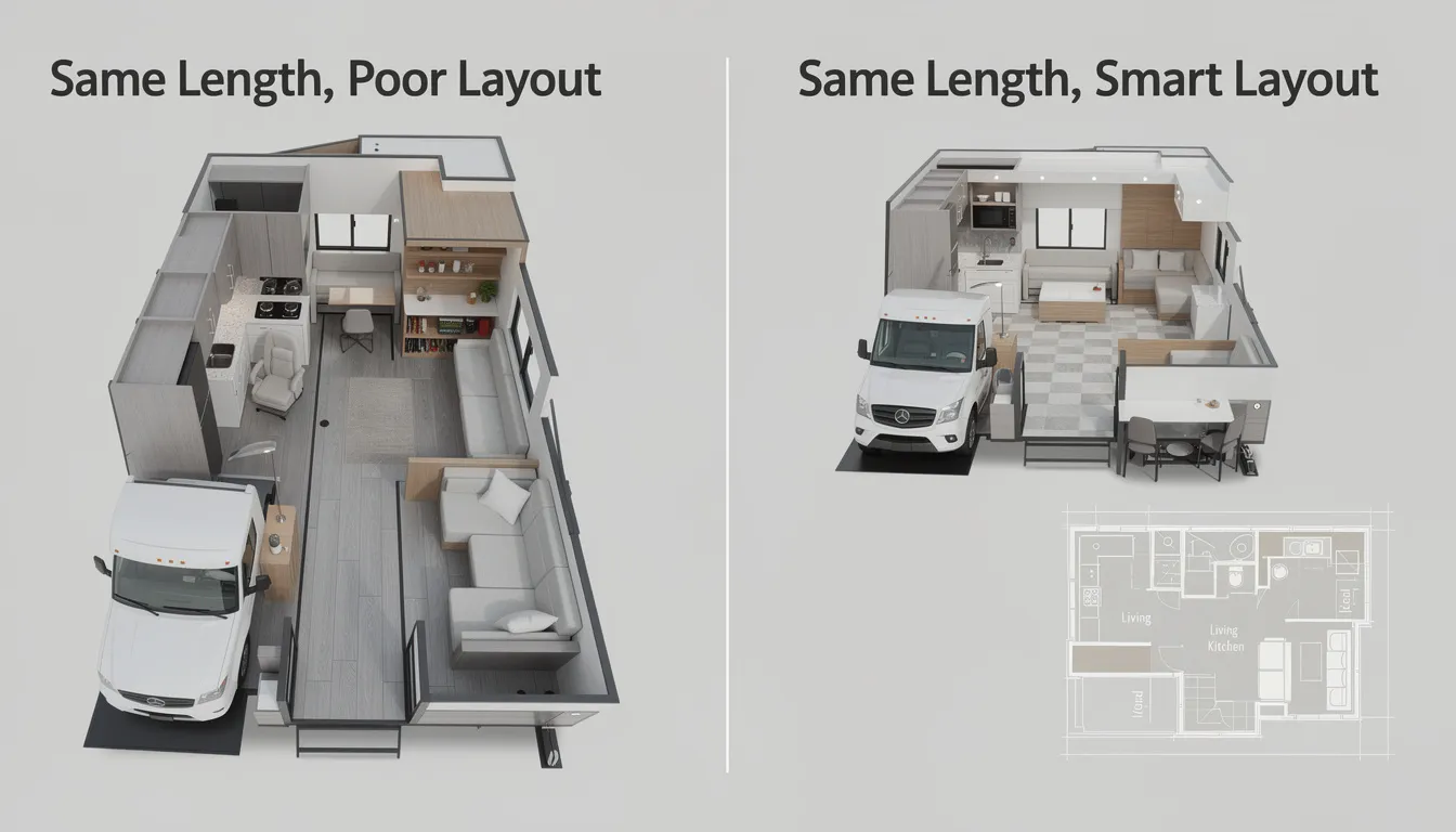 The image compares the interior layouts of two RVs of the same overall length, highlighting how features like slide-outs and ceiling height can create a sense of ample space and comfort. This visual emphasizes the importance of smart floor plans in maximizing living space, similar to well-designed tiny house layouts.