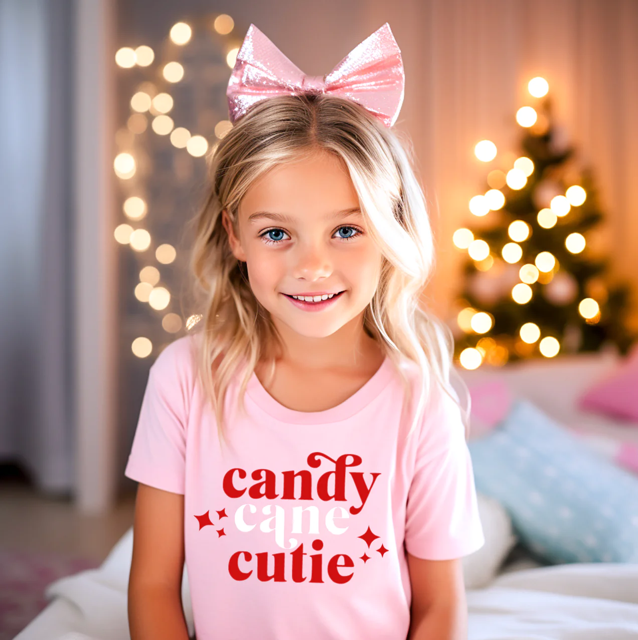 little blonde girl wearing a pink Candy Cane Cutie shirt
