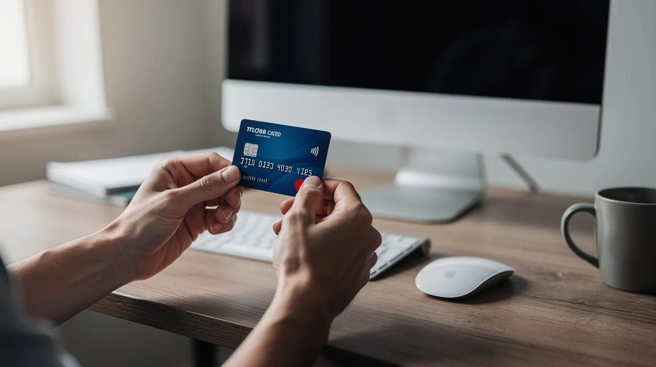 A pair of hands is holding a credit card while sitting at a desk with a computer, suggesting a transaction or online banking activity. This scene may involve managing bank account details or transferring money, highlighting the importance of secure financial practices.