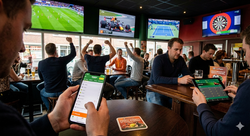 Vrienden kijken voetbal en Formule 1 in een sportbar en plaatsen online weddenschappen via legale online bookmakers op hun smartphone en tablet, voorbeeld van live wedden met beste odds en odds boosts onder toezicht van de Nederlandse Kansspelautoriteit, veilig wedden op sport sinds de legalisering van online weddenschappen in 2021.