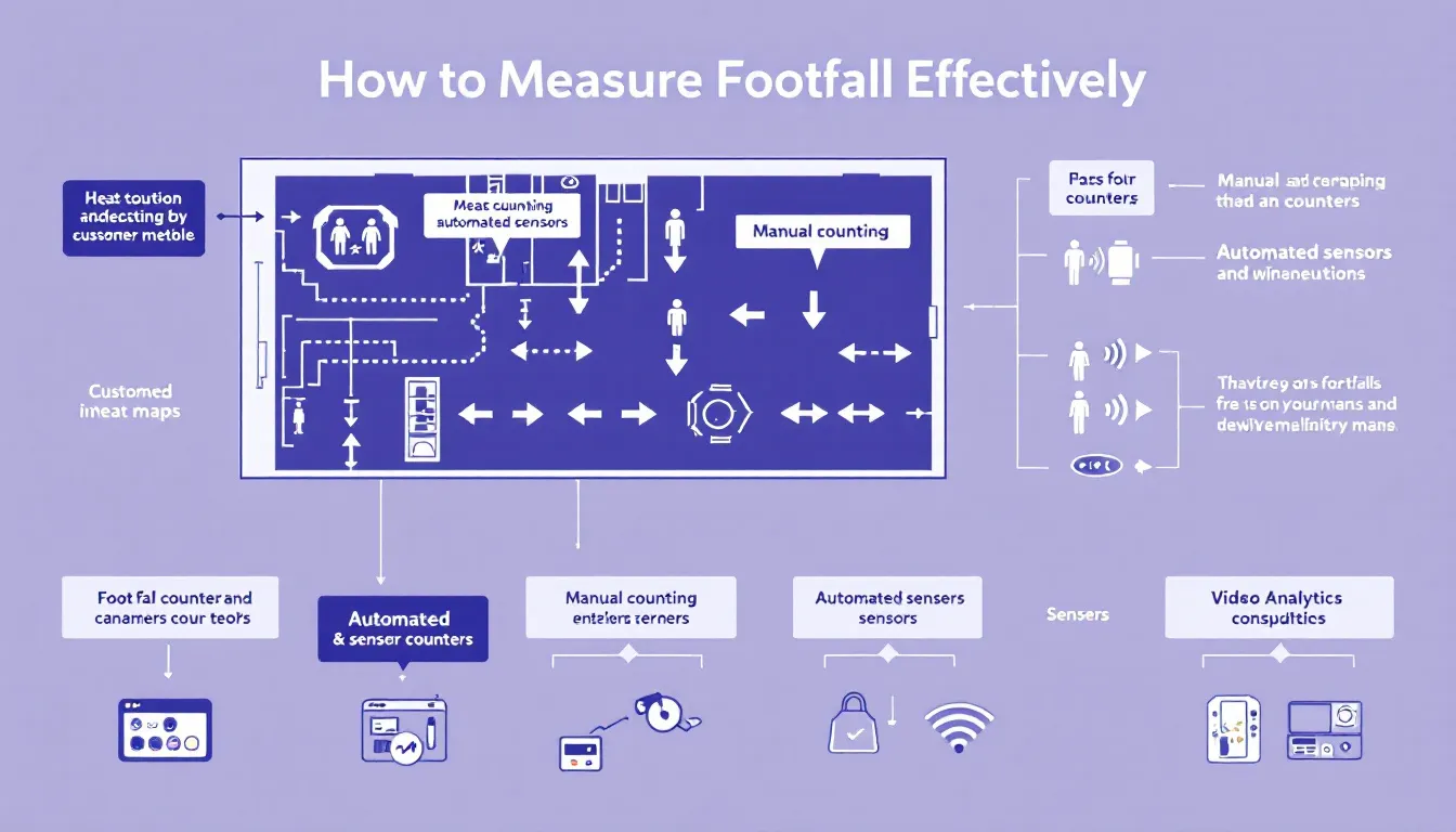 In this image, a retail store manager analyzes footfall data on a digital screen, focusing on key performance indicators like foot traffic and customer demographics to enhance business performance. The visual emphasizes the importance of measuring footfall to attract potential customers and improve the visitor experience in retail environments.