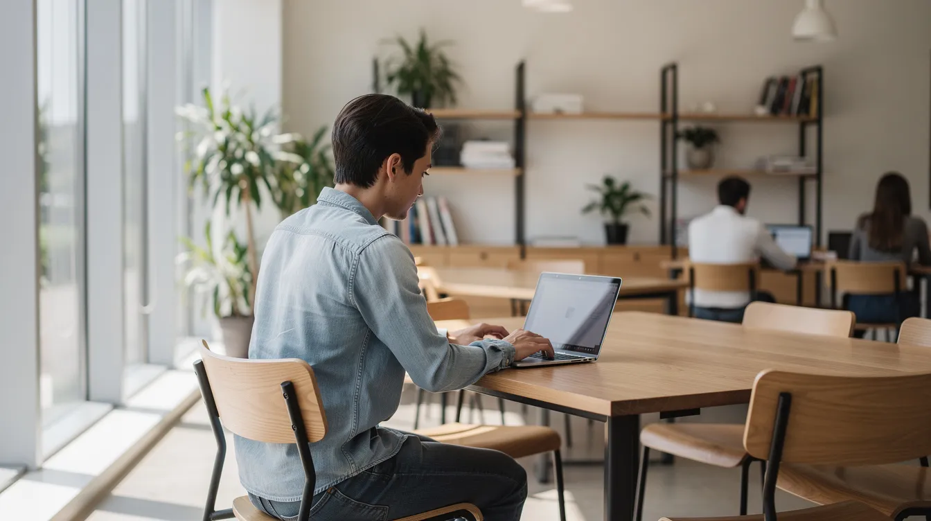 Une personne travaille sur un ordinateur portable dans un espace de coworking moderne, entourée de décorations contemporaines et d'autres professionnels. Cet environnement dynamique favorise la création de sites web et le développement de projets digitaux.