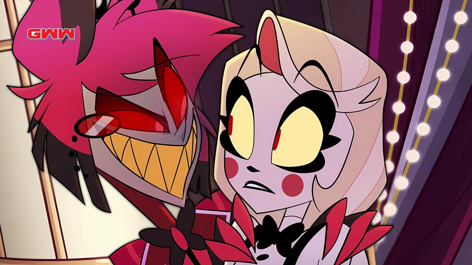 Alastor menacingly confronts Charlie Morningstar inside the Hazbin Hotel ballroom