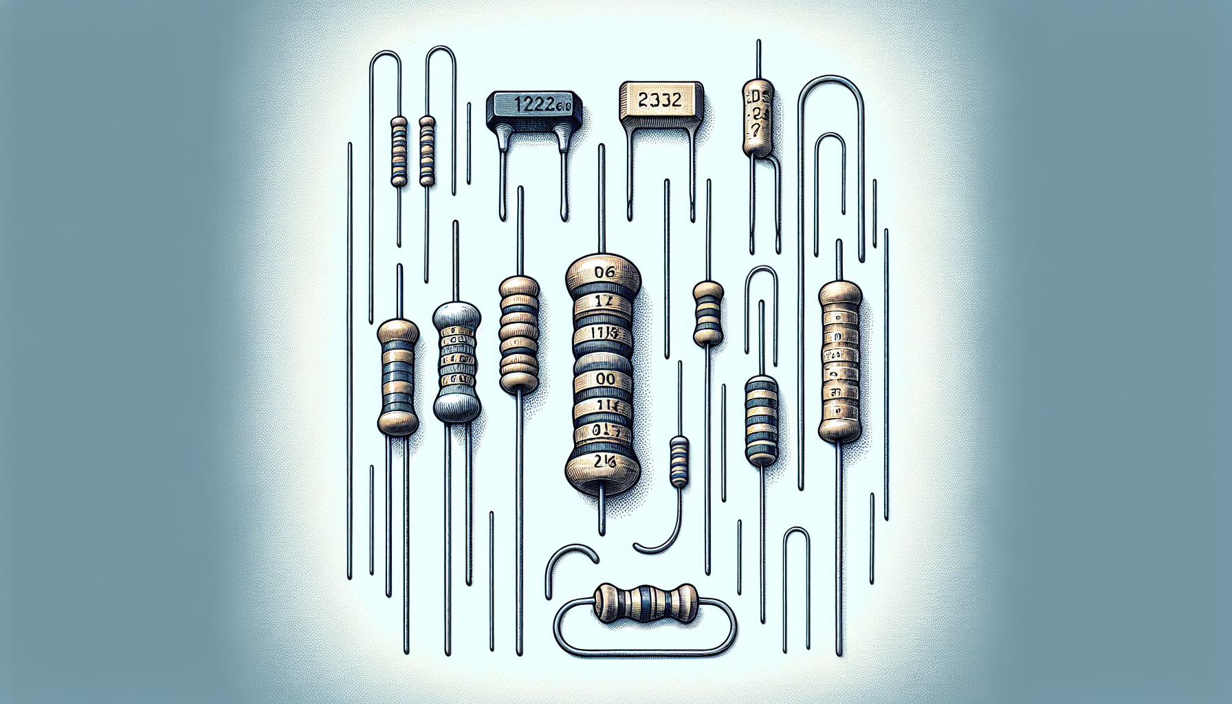 Illustration of various types of resistors including flat chip resistors, wirewound resistors, and film resistors