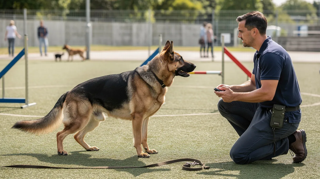 The image depicts a German Shepherd dog standing confidently in a backyard, showcasing its strong and loyal temperament. The dog appears alert and engaged, reflecting the breed's need for mental stimulation and early socialization to address common temperament challenges.