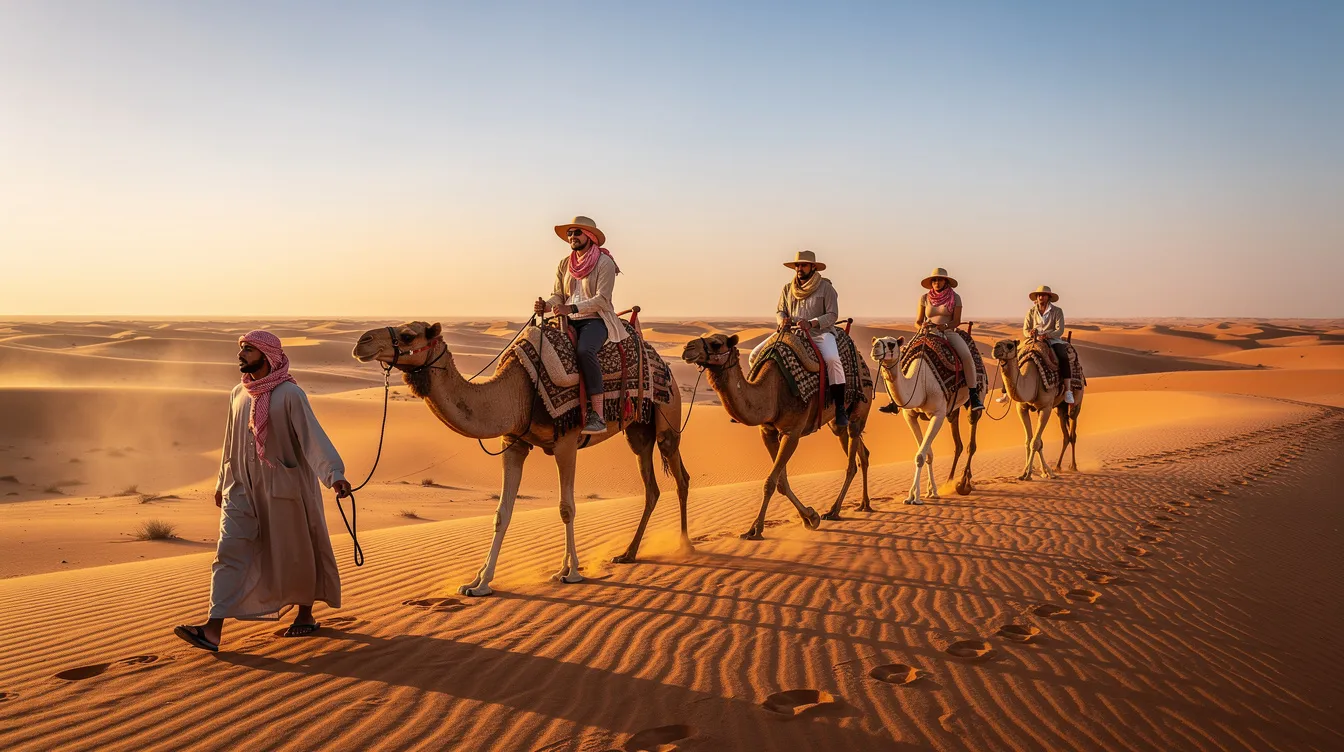 A group of travelers, accompanied by a knowledgeable tour guide, rides camels across the golden dunes of the Sahara Desert, creating an amazing experience as they explore the stunning landscape. This adventure showcases the beauty of Morocco, making it a memorable highlight of their trip.