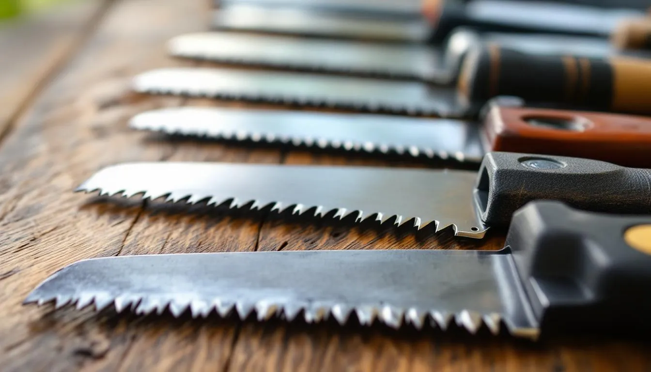 An assortment of the best camping saws is displayed, featuring various folding saws with high carbon steel blades and ergonomic handles, ideal for cutting wood and pruning trees. The image highlights both compact folding options and larger camp saws, showcasing their solid construction and aggressive blade designs for efficient sawing of dry wood and downed trees.