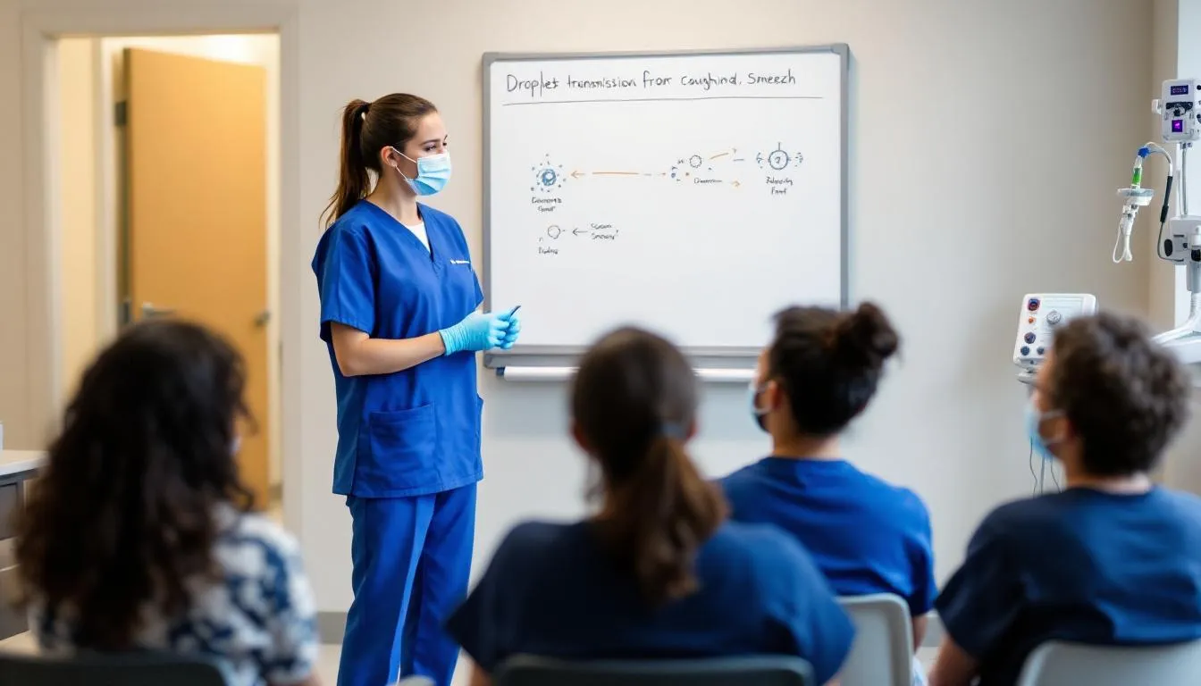 A healthcare worker is explaining the concept of droplet transmission to patients in a medical setting, emphasizing how respiratory droplets can spread infectious diseases like COVID-19 and whooping cough through coughing and sneezing. The worker is using personal protective equipment and discussing the importance of infection control measures, including droplet precautions and social distancing.