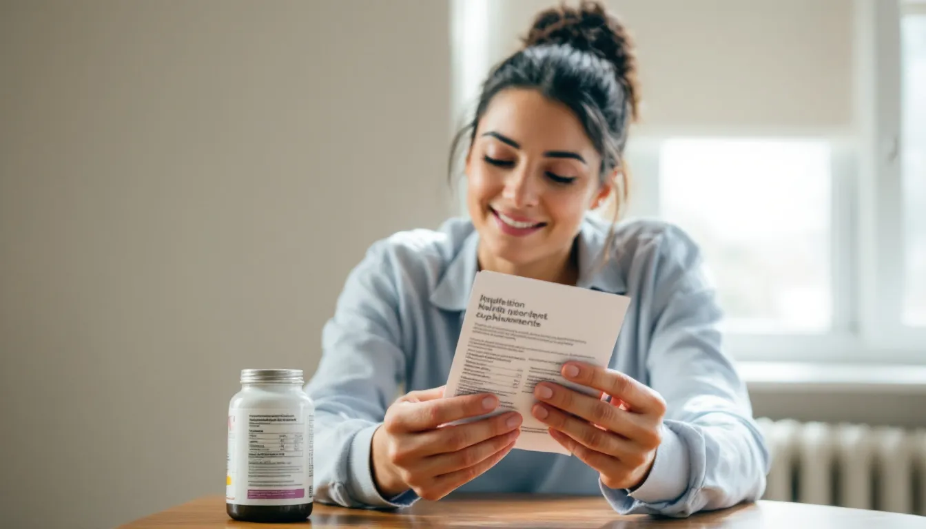 A person is intently reading a dietary supplement label in natural lighting, focusing on the ingredients and nutritional information, which may include vitamins and minerals such as vitamin C, folic acid, and vitamin D. This careful examination highlights the importance of understanding health benefits and proper supplementation for overall wellness.