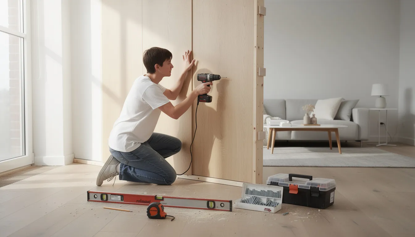 Een persoon is bezig met het monteren van houten wandpanelen in een lichte woonkamer, omgeven door gereedschap. De wandpanelen zijn voorzien van voorgeboorde gaten voor een eenvoudige montage en dragen bij aan de esthetiek en akoestiek van de ruimte.