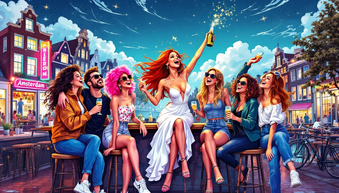 Ett gäng vänner njuter av en stag do eller hen do i Amsterdam.