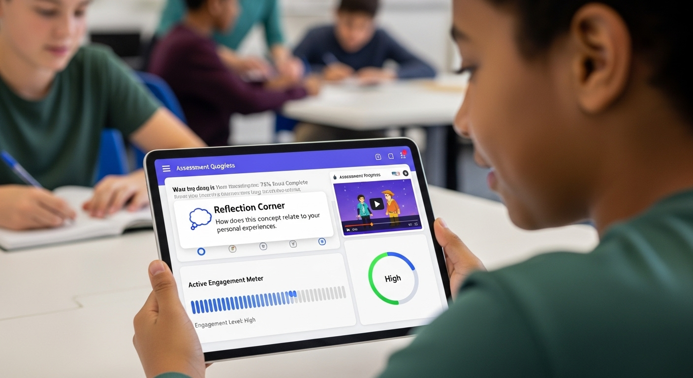 Interactive learning platform prompting reflection and active student engagement during assessment