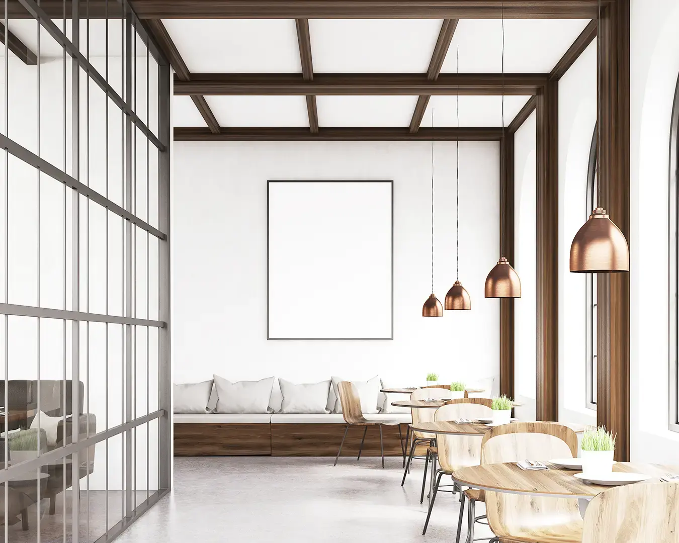 Modern restaurant interior with minimalist dining tables, natural light, and contemporary design