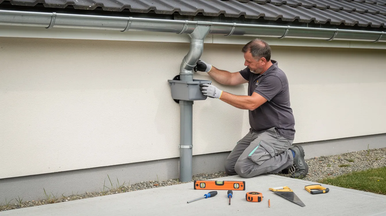 Une personne est en train d'installer un collecteur de gouttière sur une descente d'eau pluviale en PVC gris, avec des outils disposés au sol. Cette image illustre le processus d'installation d'un récupérateur d'eau de pluie, essentiel pour la récupération et l'utilisation de l'eau de pluie dans le jardin ou pour d'autres besoins domestiques.