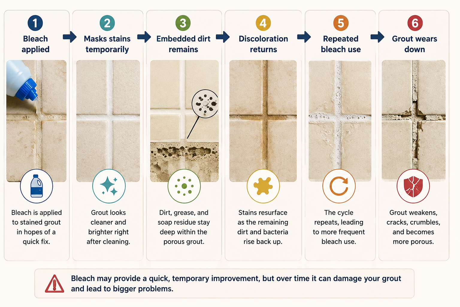 Grout cleaning infographic showing how repeated bleach use masks stains while dirt remains and grout wears down