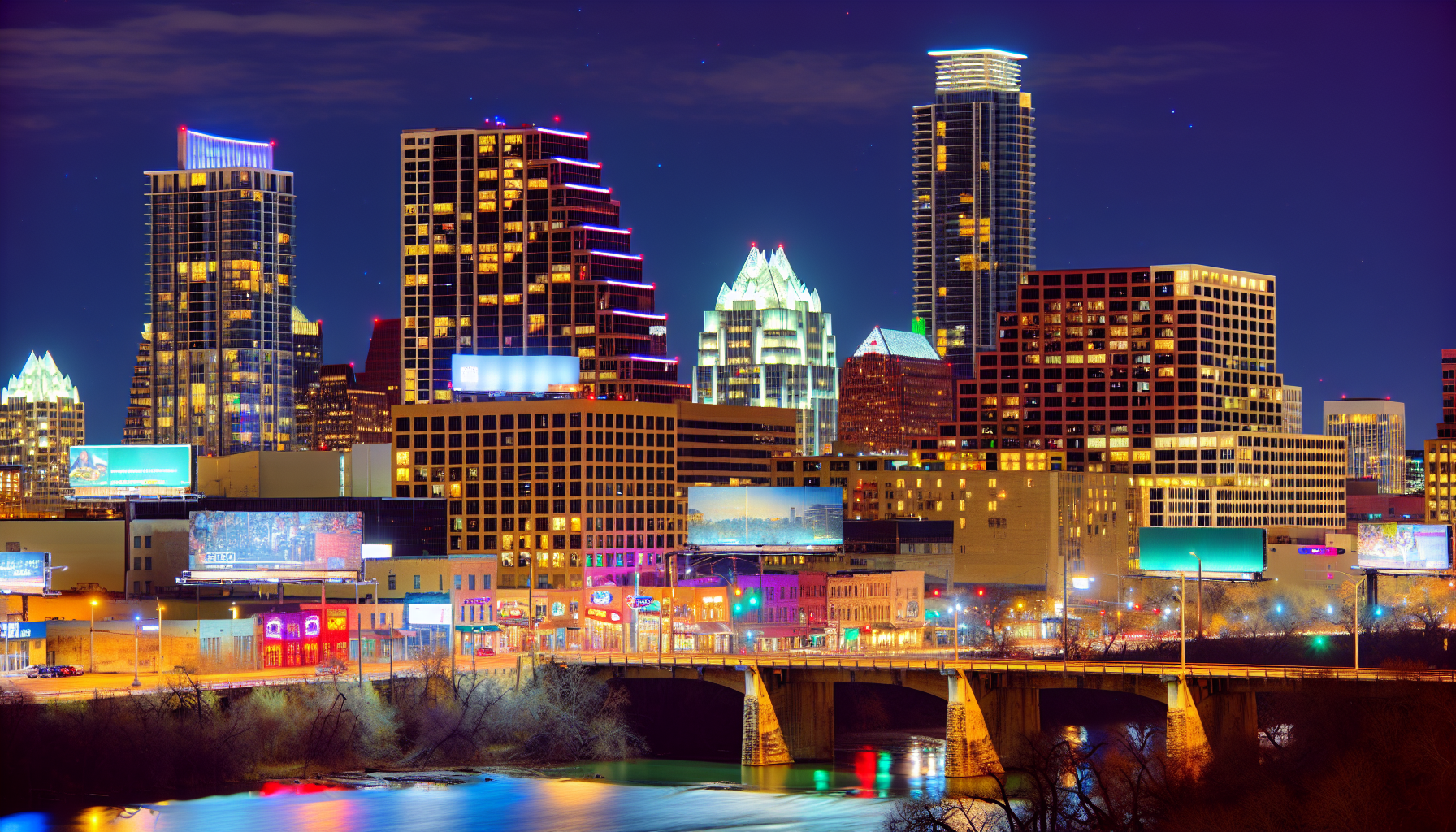 City skyline at night in downtown Austin, Texas