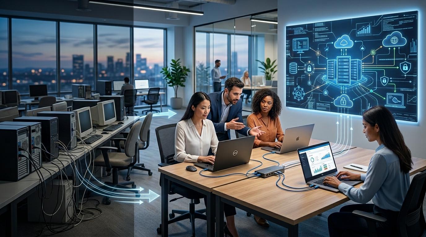 Organizations transitioning from expensive physical computer labs to efficient cloud-based virtual environments, showing laptops connected to centralized cloud infrastructure.