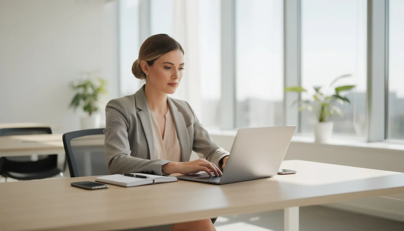 The image shows a professional woman sitting at a laptop in a bright, modern office, focused on her work. She appears to be organizing her tasks, possibly creating an effective to-do list to manage her important tasks for the day.