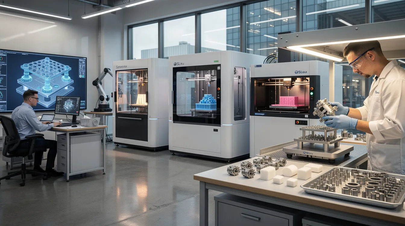 The image depicts various rapid prototype machines used in the manufacturing process, showcasing a range of technologies like 3D printing and CNC machining that enable the creation of high-quality prototypes. Engineers and manufacturers utilize these machines to quickly fabricate functional prototypes and production-ready parts, enhancing the design process and reducing lead time.