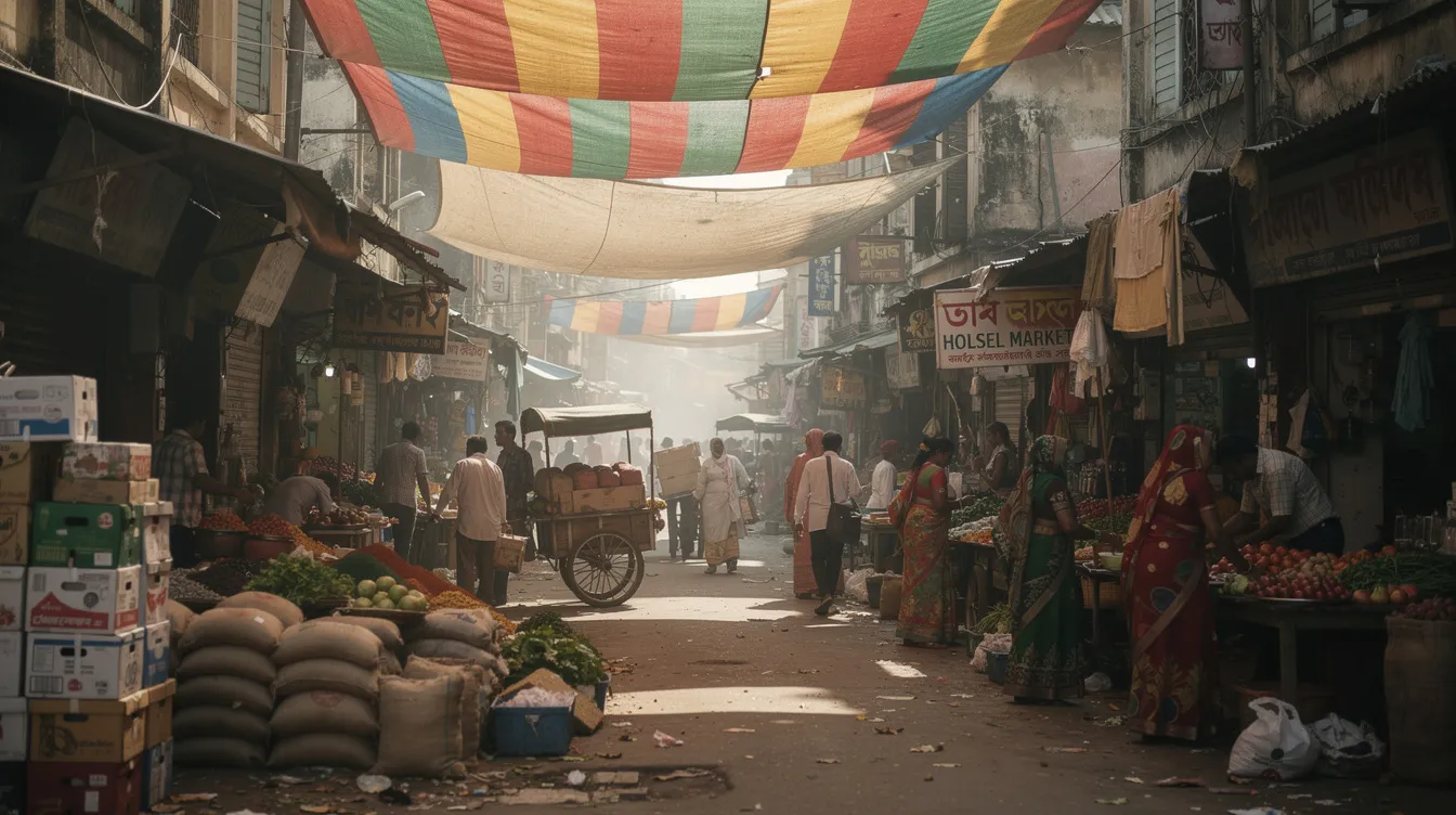 The image depicts a bustling wholesale market street in Kolkata, filled with vendors selling various goods under vibrant, colorful awnings, while shoppers navigate through the lively atmosphere. This scene captures the essence of Kolkata's commercial hub, showcasing the local demand for diverse products and the entrepreneurial spirit that fuels small business ideas in the city.