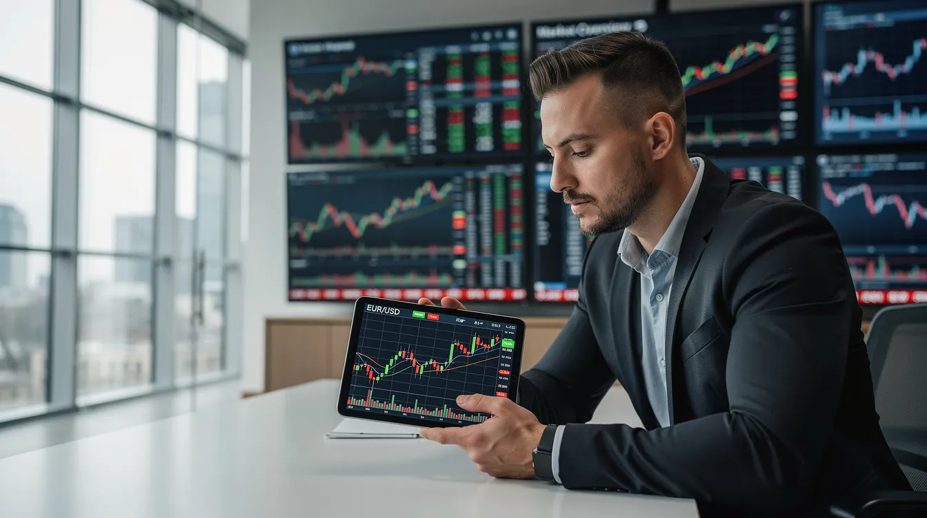 A trader is focused on a tablet displaying various financial charts in a sleek, modern office environment, utilizing comprehensive market timing tools and powerful stock analysis to inform their investment decisions. The scene highlights the importance of technical analysis and trading strategies in navigating the stock market effectively.