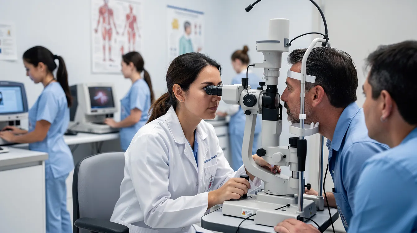 The image shows medical professionals conducting an eye examination with specialized equipment, emphasizing the importance of medical treatment for workplace eye injuries. This examination is crucial for injured workers seeking workers compensation benefits in cases of serious eye injuries or potential vision loss.