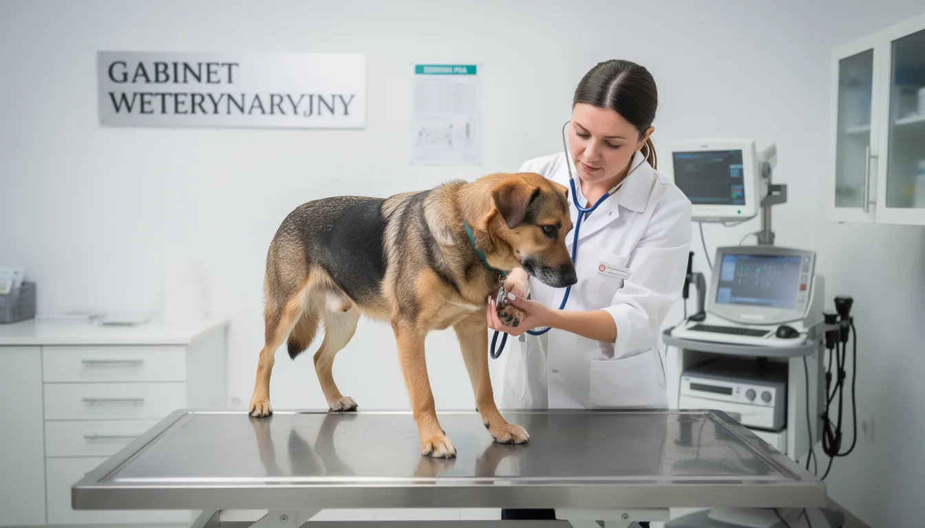 Na stole diagnostycznym weterynarz bada psa, który może mieć problemy skórne, takie jak ropne zapalenie skóry lub atopowe zapalenie skóry. W tle widać narzędzia medyczne, a na skórze psa mogą być widoczne zmiany skórne, które wymagają dokładnej diagnozy.