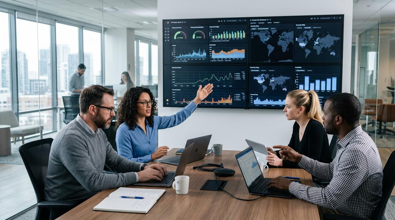 IT professionals evaluating multiple cloud-based virtual lab platforms on large displays while analyzing performance, scalability, security, and analytics in a modern office.