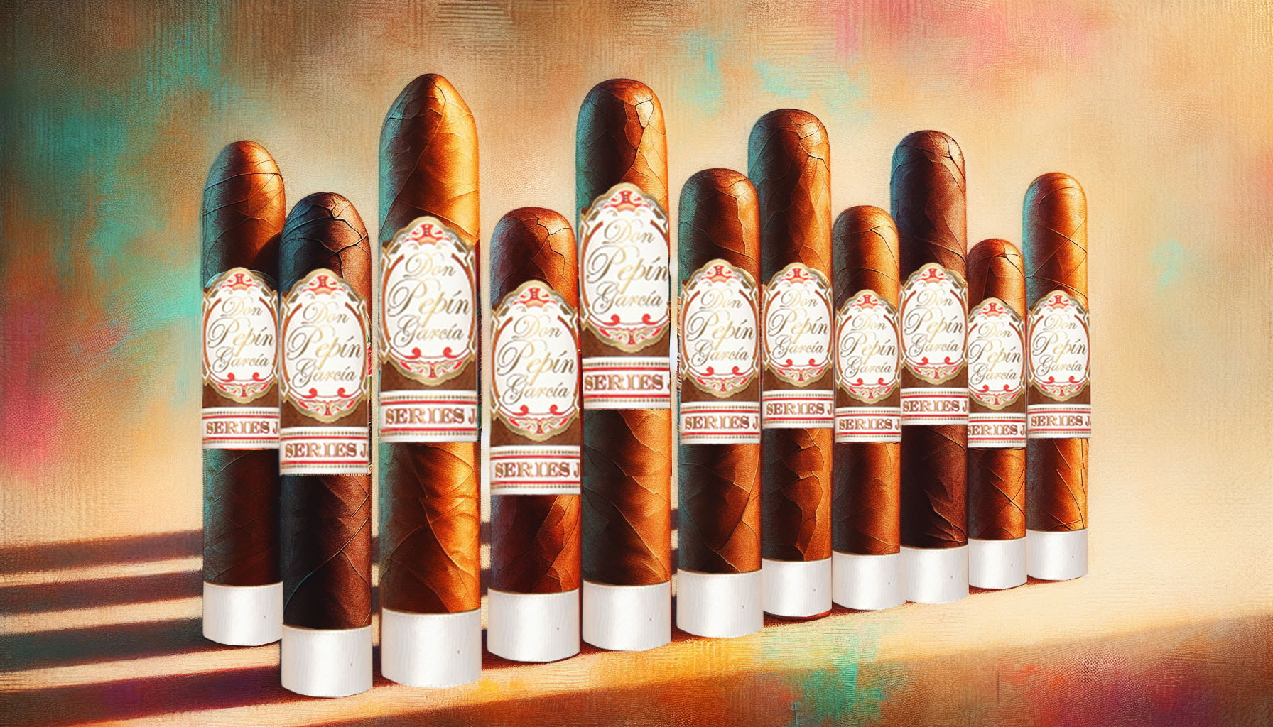 An artistic depiction of various Don Pepin Garcia Serie JJ cigars.