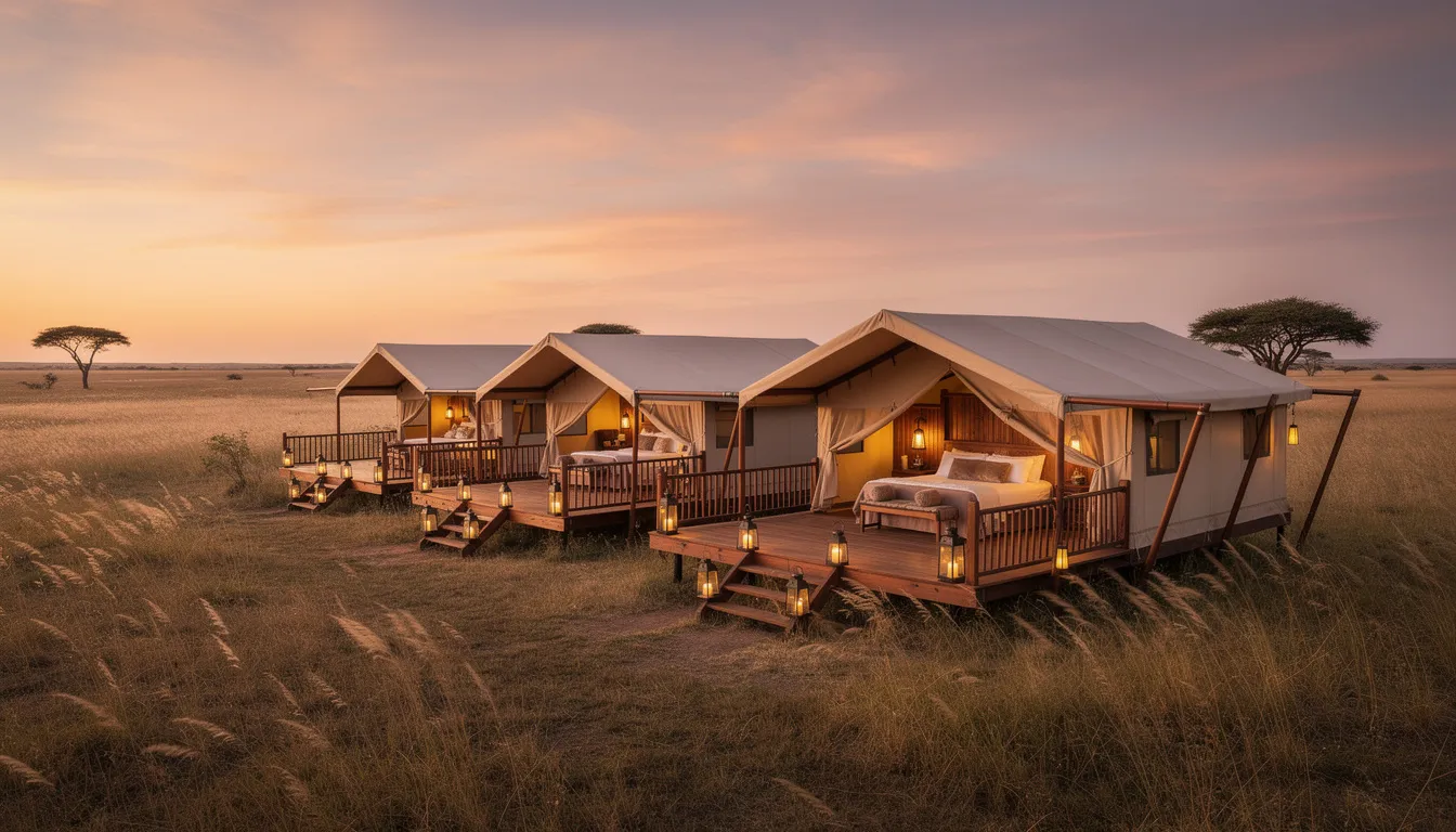 The image depicts a luxurious tented safari camp at sunset in the Serengeti National Park, Tanzania, featuring elegant canvas tents and softly glowing lanterns on wooden decks that overlook the vast grasslands of the Serengeti ecosystem. The warm hues of the sunset create a serene atmosphere, perfect for enjoying the beauty of the endless plains and the wildlife of this world heritage site.