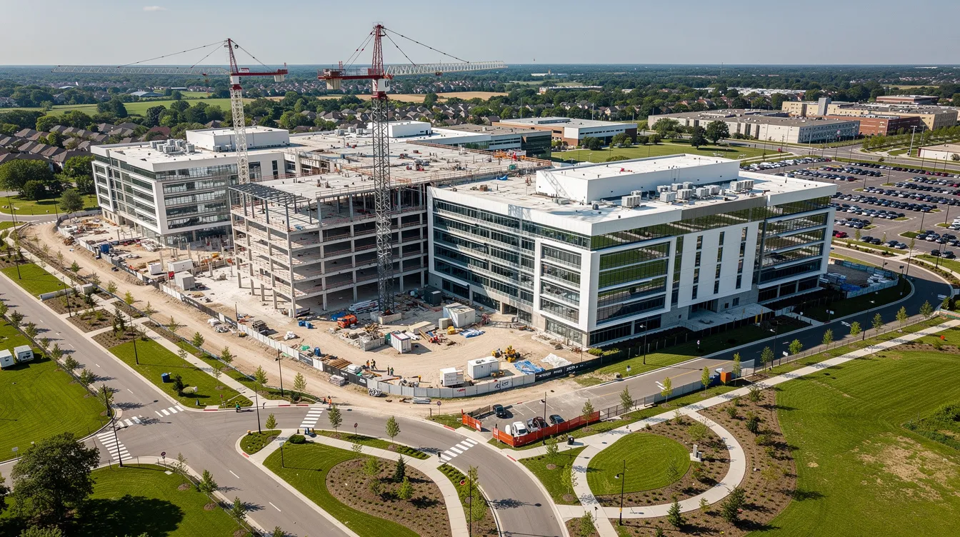 An aerial view showcases a large modern hospital building under construction, surrounded by landscaped grounds and cranes, emphasizing the ongoing efforts to improve cancer care facilities for needy patients. This hospital project aims to provide essential services, including palliative care and treatment for various cancers, contributing to the overall hospital project cost and enhancing support for underprivileged cancer patients.