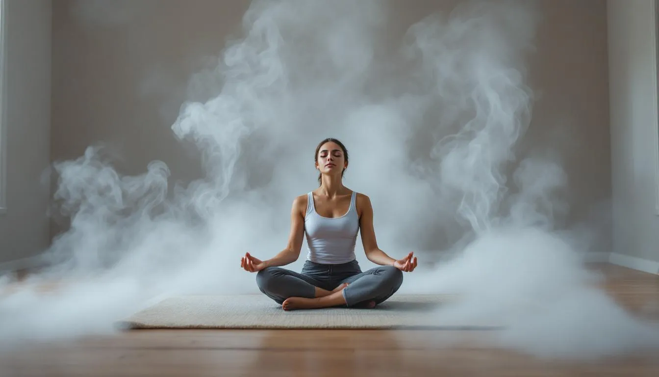 Eine meditierende Person sitzt in einem Raum, der mit weißem Salbei geräuchert wurde, um eine beruhigende und reinigende Atmosphäre zu schaffen. Der Rauch des weißen Salbeis schwebt sanft durch den Raum und trägt zur Konzentration und spirituellen Reinigung bei.
