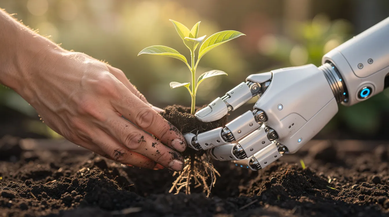 An image depicts a human hand and a robotic hand collaboratively planting a small seedling into rich soil, symbolizing the hopeful partnership between humans and AI agents in nurturing the future. This scene represents a blend of technology and nature, illustrating the potential for creating a better world together.