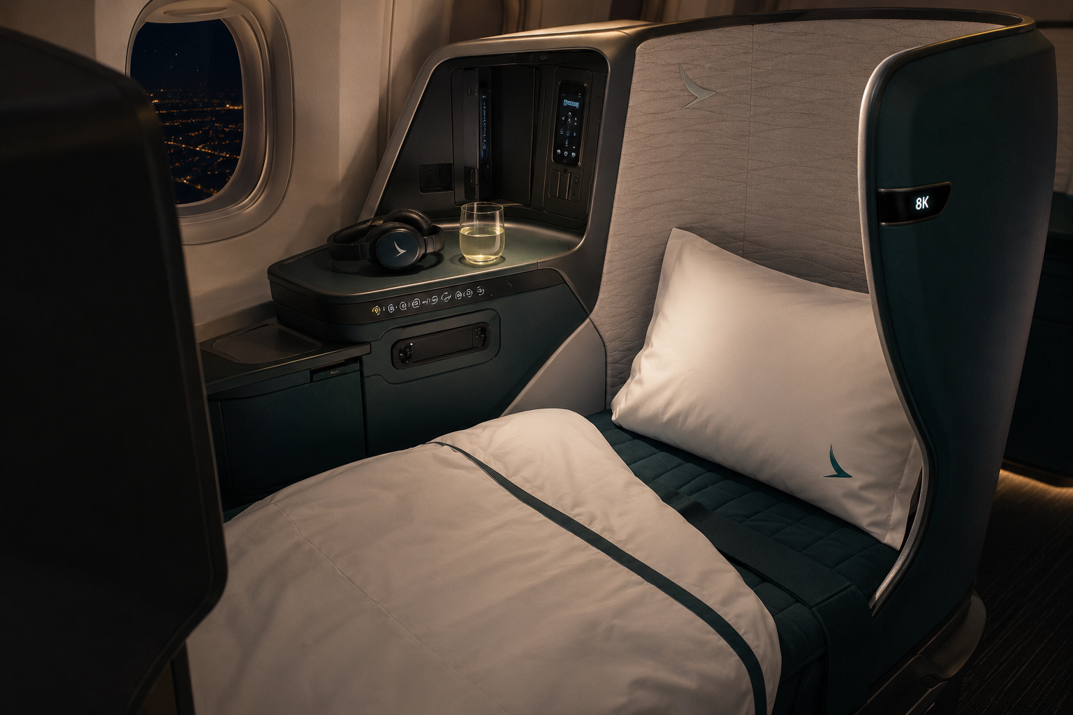 Luxury business class suite with deep green seating, white bedding and pillow, privacy panels, headphones and a drink beside an aircraft window at night.