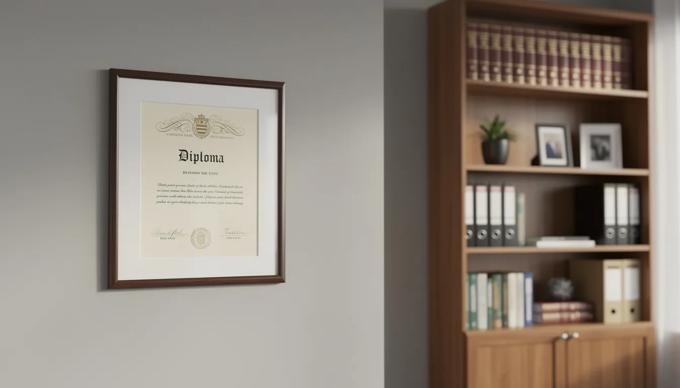 A framed college diploma is displayed prominently on a professional office wall, accompanied by a bookshelf filled with various books. The diploma features clean typography and includes details such as the graduate's name, school name, and graduation date, reflecting a high-quality professional document.