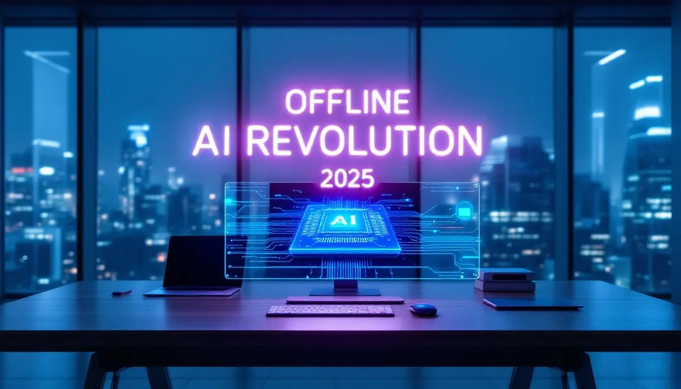 The image depicts a futuristic concept of offline AI, showcasing local large language models (LLMs) running on personal devices without the need for cloud servers. It highlights the compelling advantages of local AI capabilities, such as complete data privacy and cost savings, emphasizing the fundamental change in the AI landscape expected by 2025.
