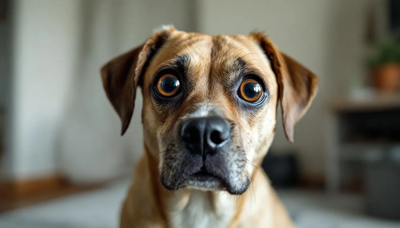 A dog with noticeably dilated pupils stands in normal lighting conditions, suggesting possible vision issues such as progressive retinal atrophy or other retinal diseases. This condition may lead to decreased vision and could be a sign of early onset PRA, affecting the dog