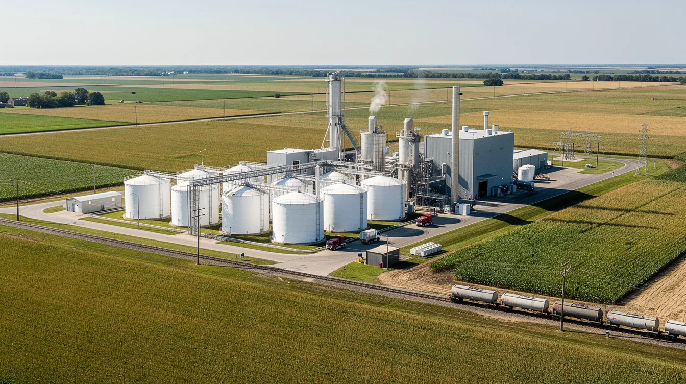 06849ad5 f971 48e1 a49f 17452159ee78 An aerial view of an industrial ethanol production facility shows large cylindrical storage tanks and processing buildings, all set against a backdrop of agricultural land. This ethanol manufacturing plant highlights the integration of grain-based feedstock, emphasizing the importance of raw material availability for efficient alcohol production.