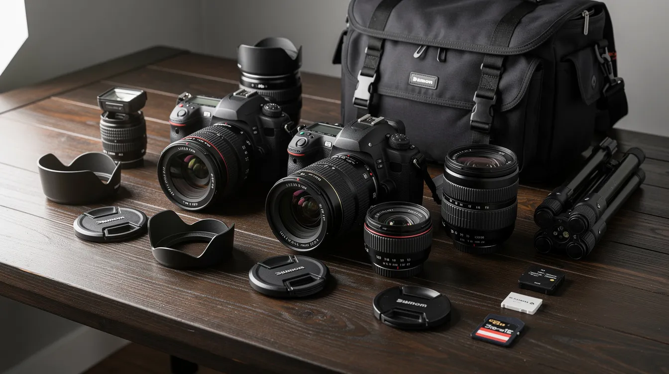 0684c9cc 8248 41c7 bf4b 1d349ec9731d The image features an assortment of professional camera equipment, including several DSLR cameras and various lenses, meticulously arranged on a table. This setup is ideal for a camera rental business, showcasing the types of equipment that can be offered to photography enthusiasts and professionals alike.