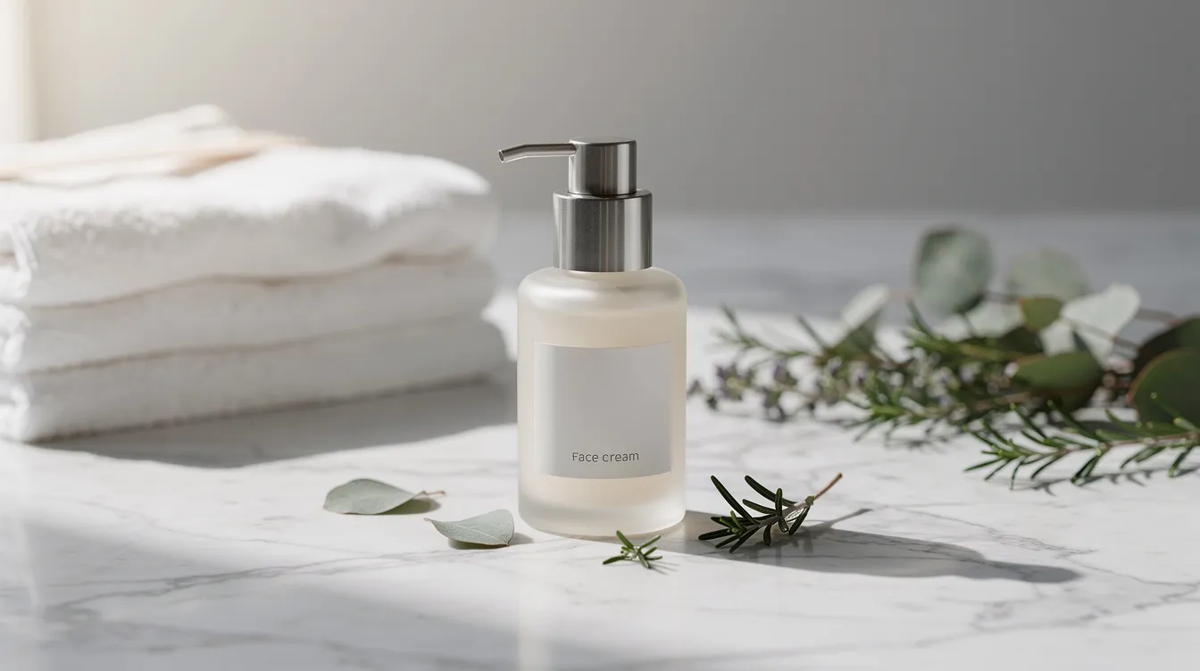 An elegant small pump bottle of cream rests on a clean marble surface, accompanied by fresh botanical herbs and soft towels, suggesting a focus on natural ingredients for enhancing sexual pleasure and intimacy. The arrangement evokes a sense of relaxation and confidence, ideal for boosting sexual desire and increasing sensitivity.