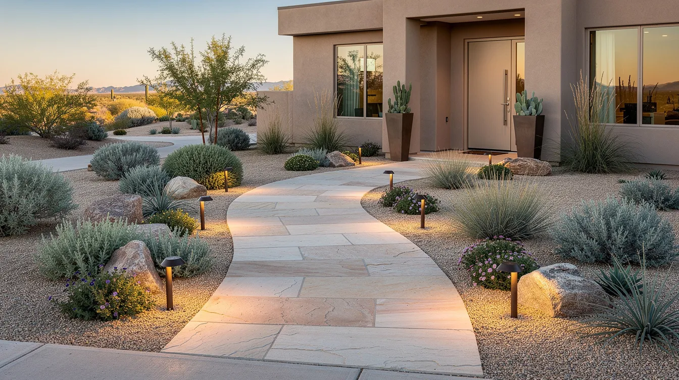 This image depicts a beautifully designed desert front yard featuring a clear stone walkway and low-voltage lighting that guides visitors to a modern home entry. The landscape design incorporates native shrubs, creating harmony between the outdoor space and the architectural structure.