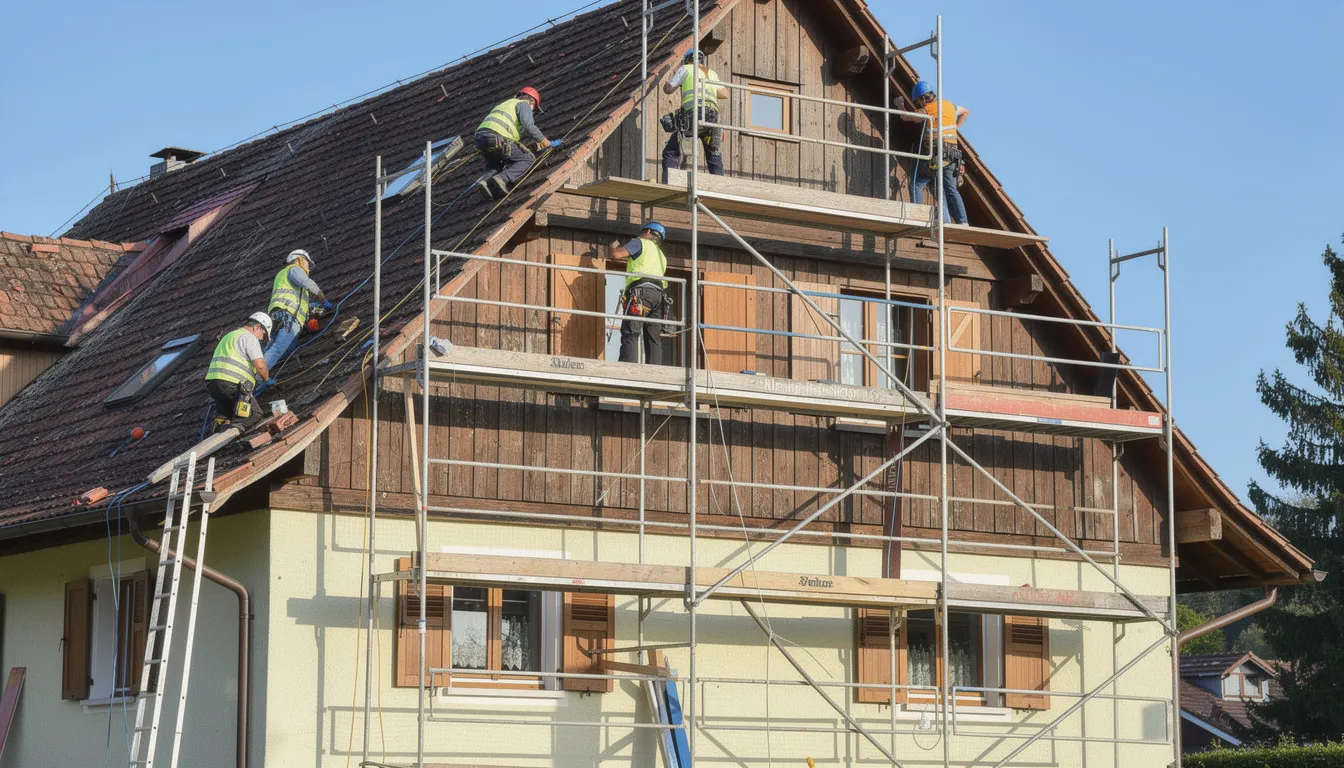 Une équipe de couvreurs professionnels est perchée sur un échafaudage devant une maison traditionnelle, en train de réaliser des travaux de toiture. Ils s'affairent à la pose de tuiles et à l'entretien de la charpente, illustrant leur savoir-faire en matière de couverture à Nantes.