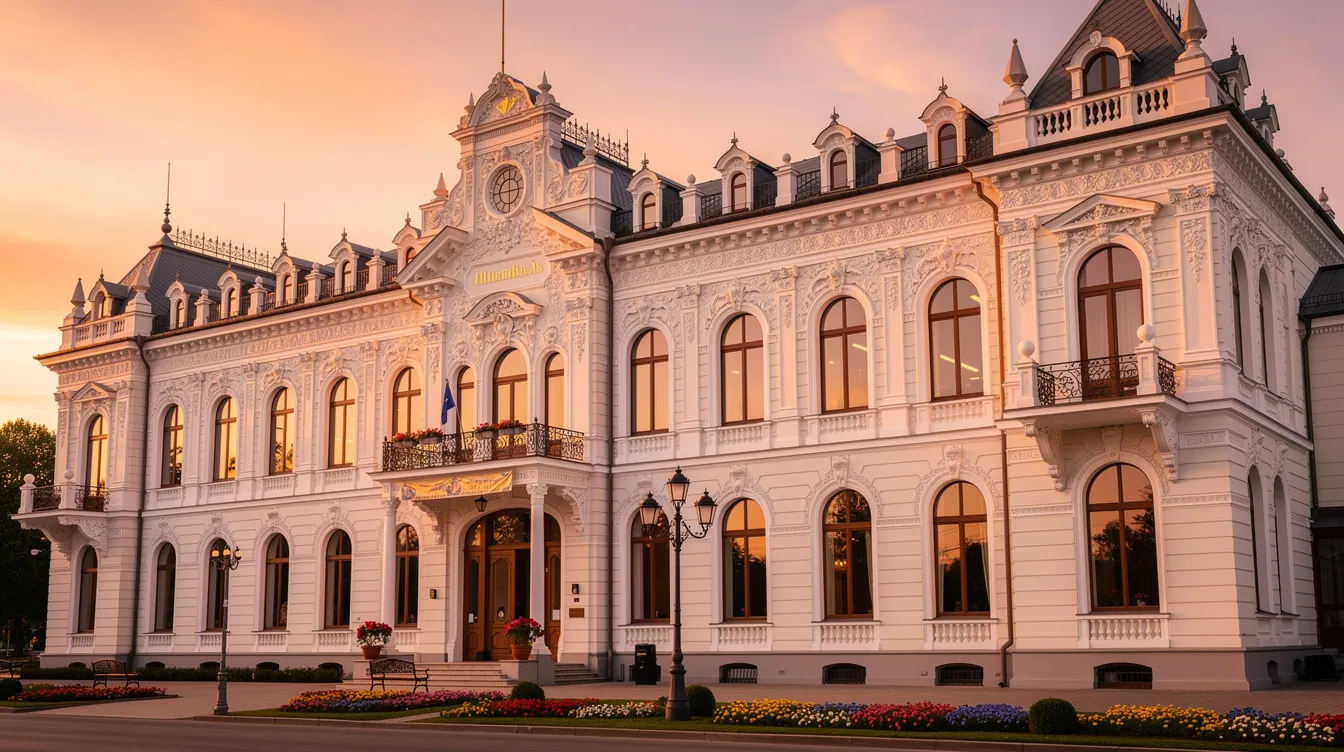 Die weiße, kunstvoll verzierte Fassade des historischen Kurhauses in Binz erstrahlt im warmen Abendlicht und zeigt Balkone sowie Türmchen, die die Bäderarchitektur der Region widerspiegeln. Dieses beeindruckende Gebäude ist eine der Hauptsehenswürdigkeiten des Ostseebads Binz auf der Insel Rügen und zieht viele Besucher an.
