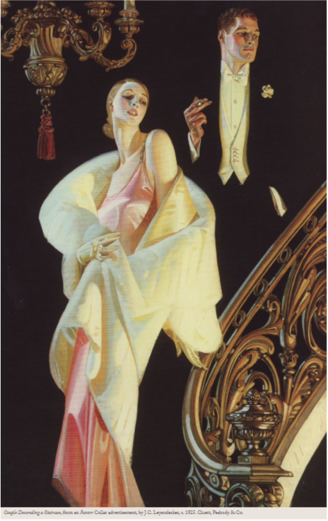 Illustration of couple descending a staircase by J. C. Leyendecker