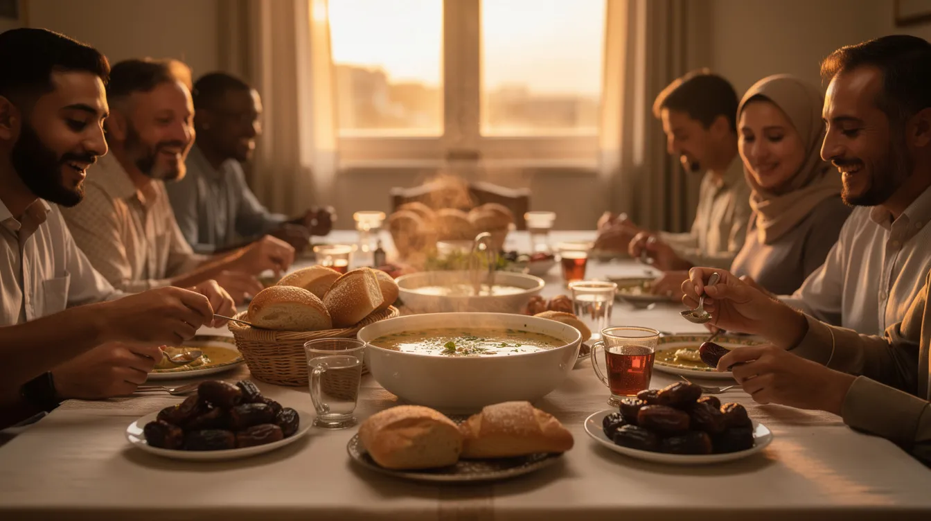 Een groep mensen, waaronder zowel moslims als niet-moslims, zit samen aan een warme iftar-tafel vol met soepkommen, brood en dadels, terwijl ze genieten van de maaltijd waarmee het vasten is verbroken tijdens de maand ramadan. De sfeer is gezellig en er heerst een gevoel van saamhorigheid en dankbaarheid, typisch voor deze bijzondere avond.