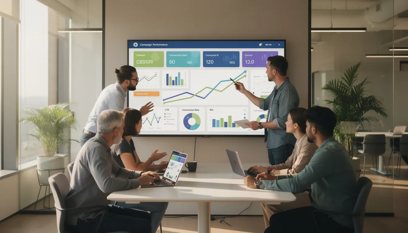 A diverse team of digital marketers collaborates around a large screen displaying campaign analytics, highlighting their digital marketing strategies and performance metrics. They are engaged in discussions about social media management and data analysis to enhance their marketing efforts.