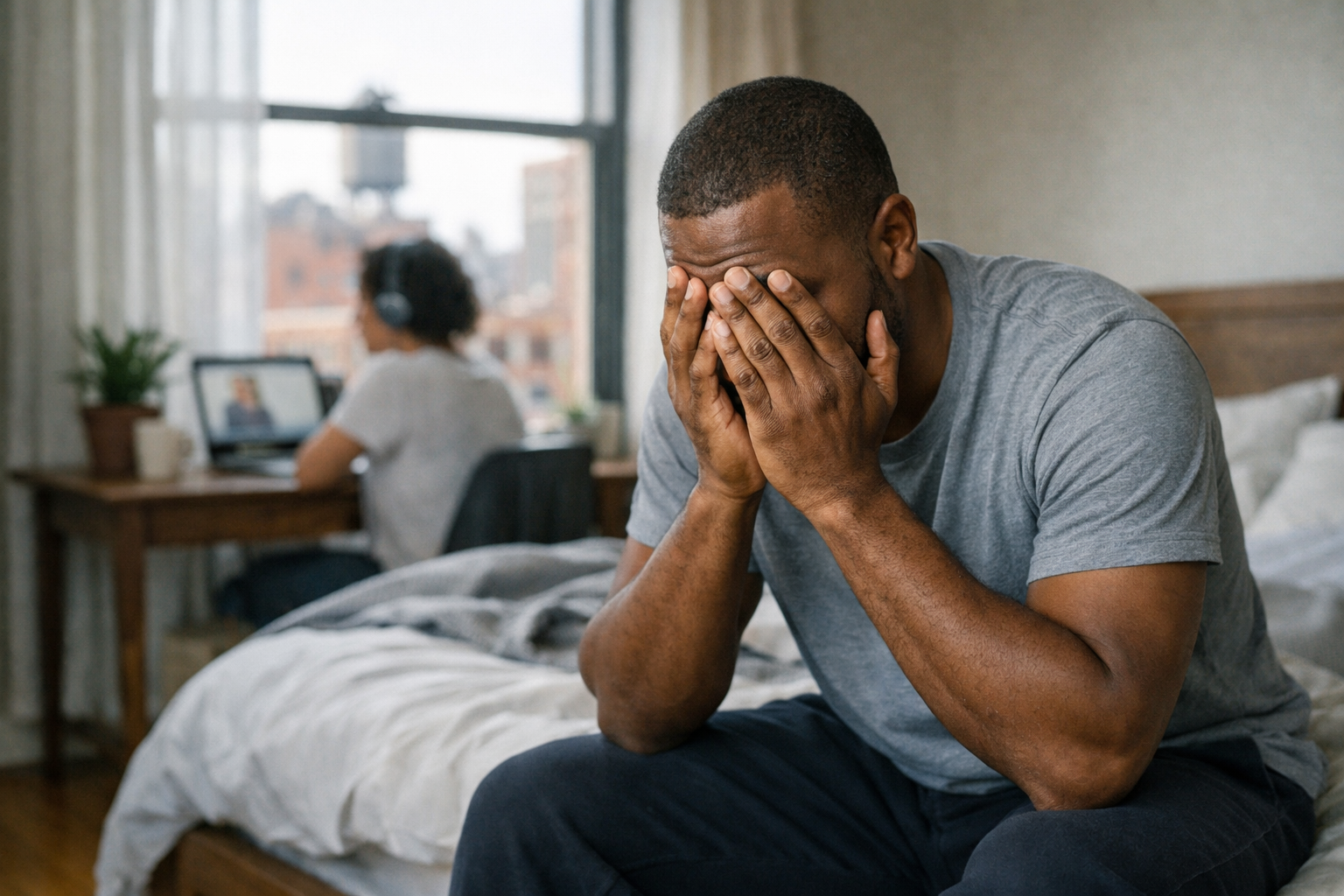 Person sitting on the edge of a bed in a New York apartment, stressed after a difficult conversation.